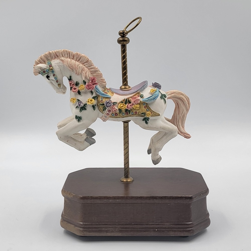 Vtg Westminster Musical Carousel Horse Wood Base Roses